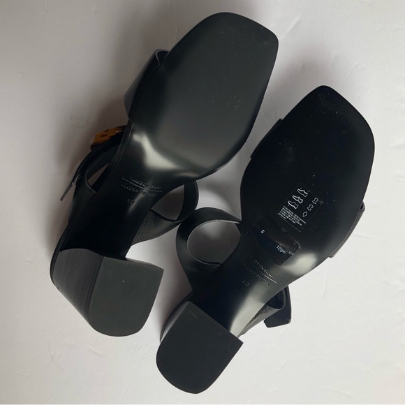 & Other Stories Black Leather 2 Strap Tortoise Buckle Heeled Sandals Made Spain - Picture 2 of 9